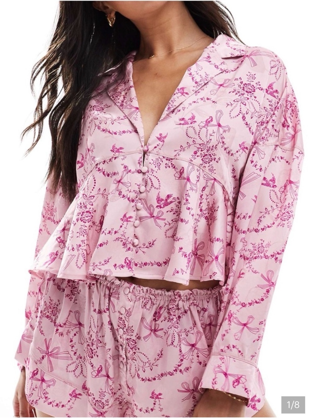 Free People Intimately Pink Floral Button-Front Satin Pajama Set Top